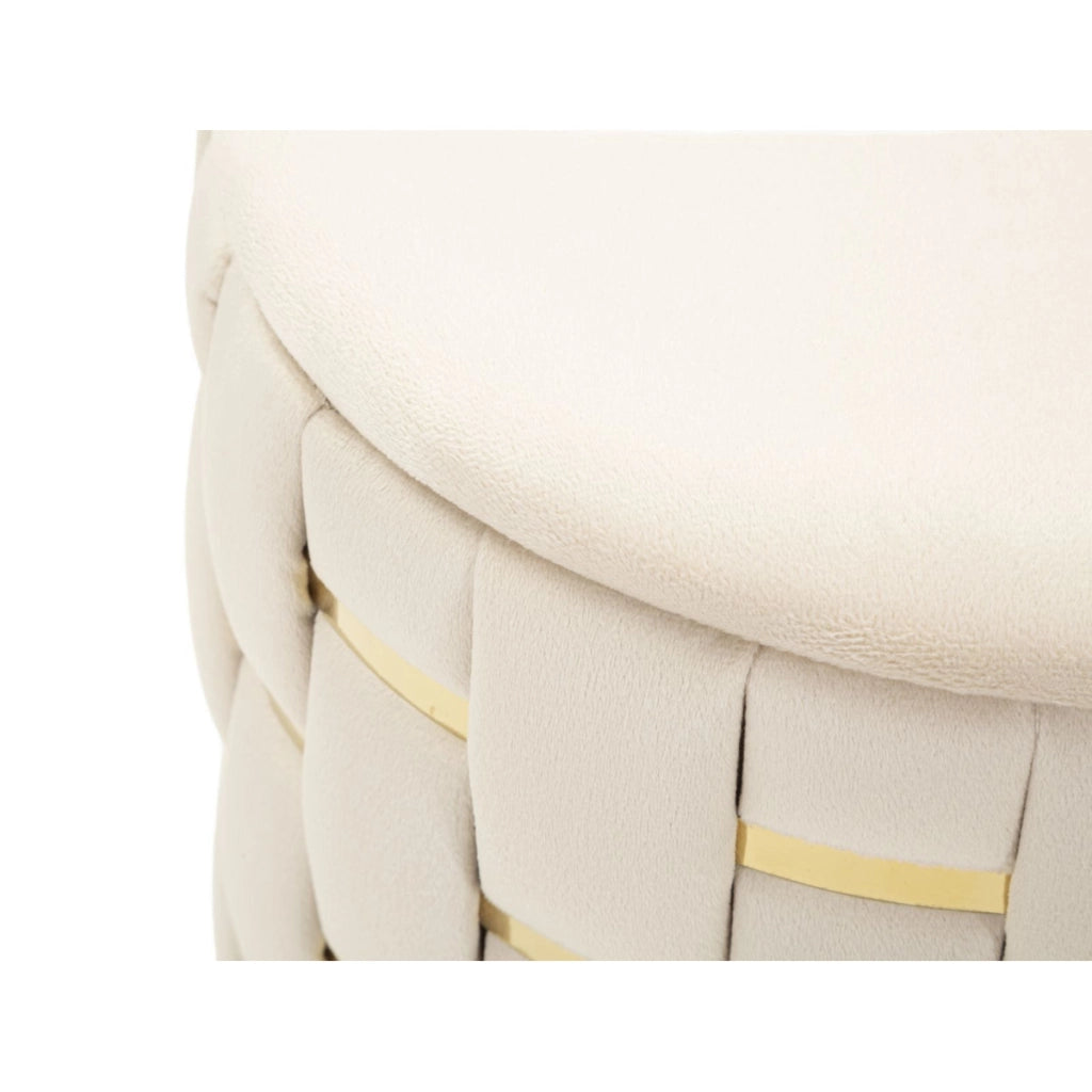 Set 2 pouf contenitore Shanty in velluto crema con fascia dorata O37x42 e O28x35 cm