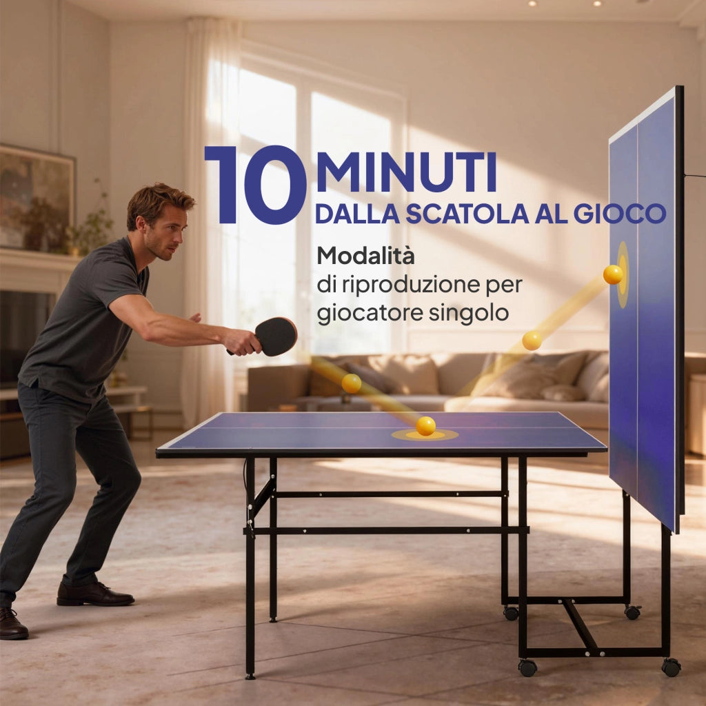 Tavolo da Ping Pong Pieghevole per Interni 274x152,5x75,5 cm con Ruote Girevoli Rete Racchette e Palline Blu