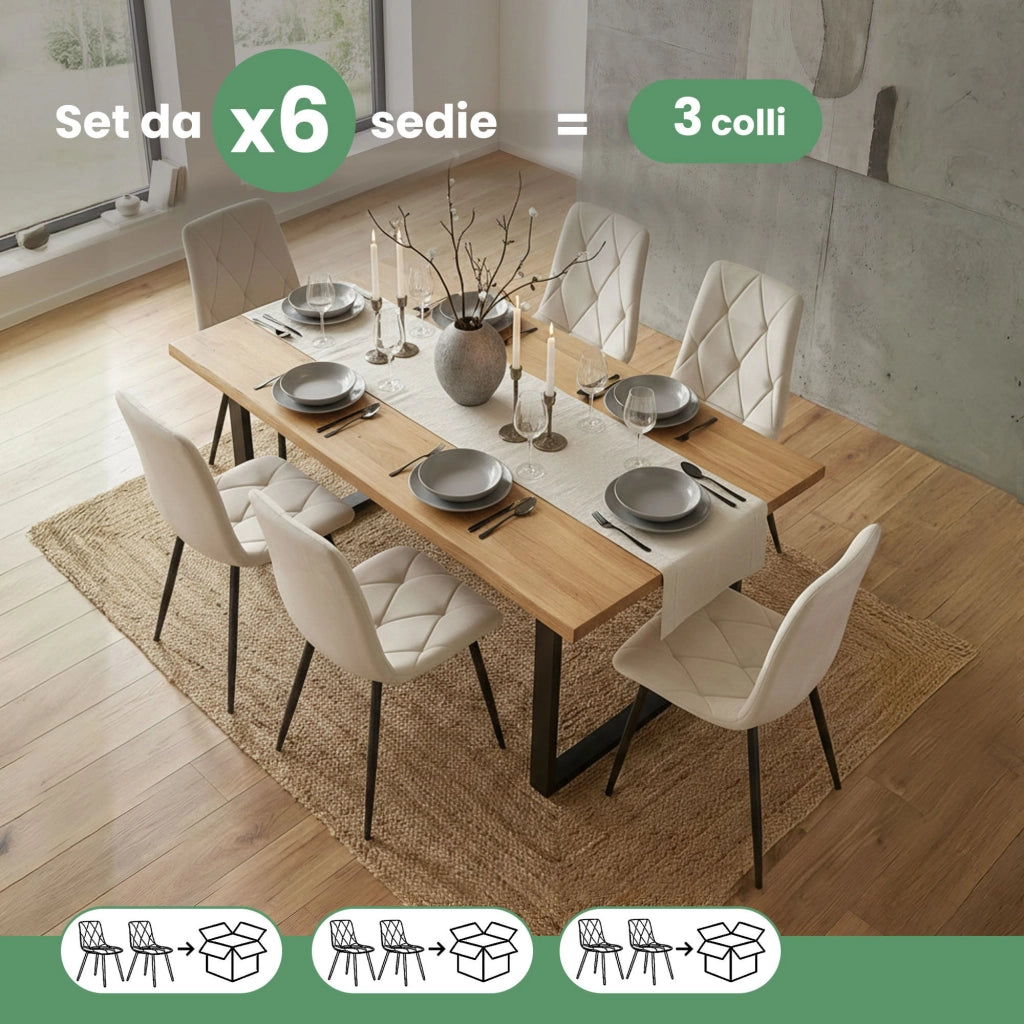 Set di 6 Sedie in velluto trapuntate MILO Beige gambe nere