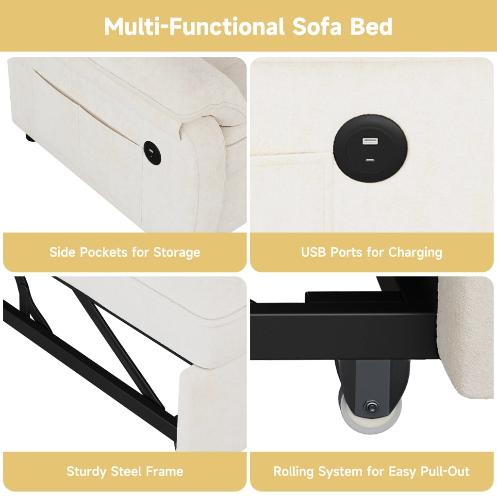 Divano letto 3 in 1 convertibile 142 cm in chenille beige con porta USB e Type-C