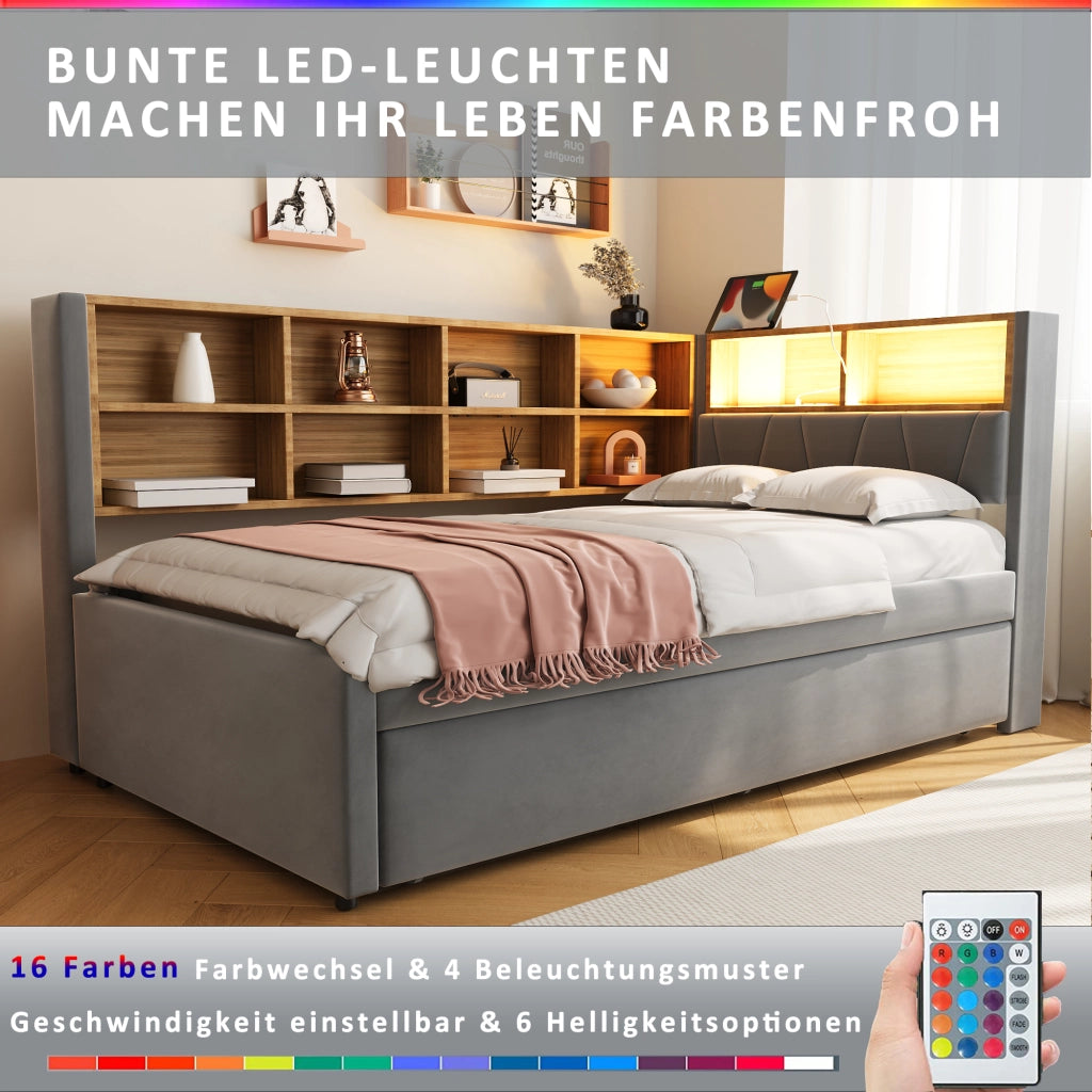OKWISH Letto Divano Estraibile 90×200 cm, Letto 2 Posti con LED, USB, Tipo C e Prese, Scomparti, senza Materasso, Flanella, Grigio Scuro
