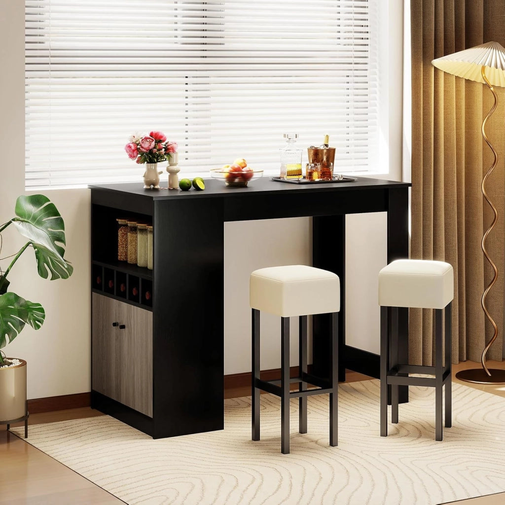 Bancone da cucina con spazio di archiviazione, tavolo da pranzo con portabottiglie e ripiani aperti e porta, bancone da bar, piano alto, tavolo da bar in piedi, in legno, 120 x 60 x 91,5 cm