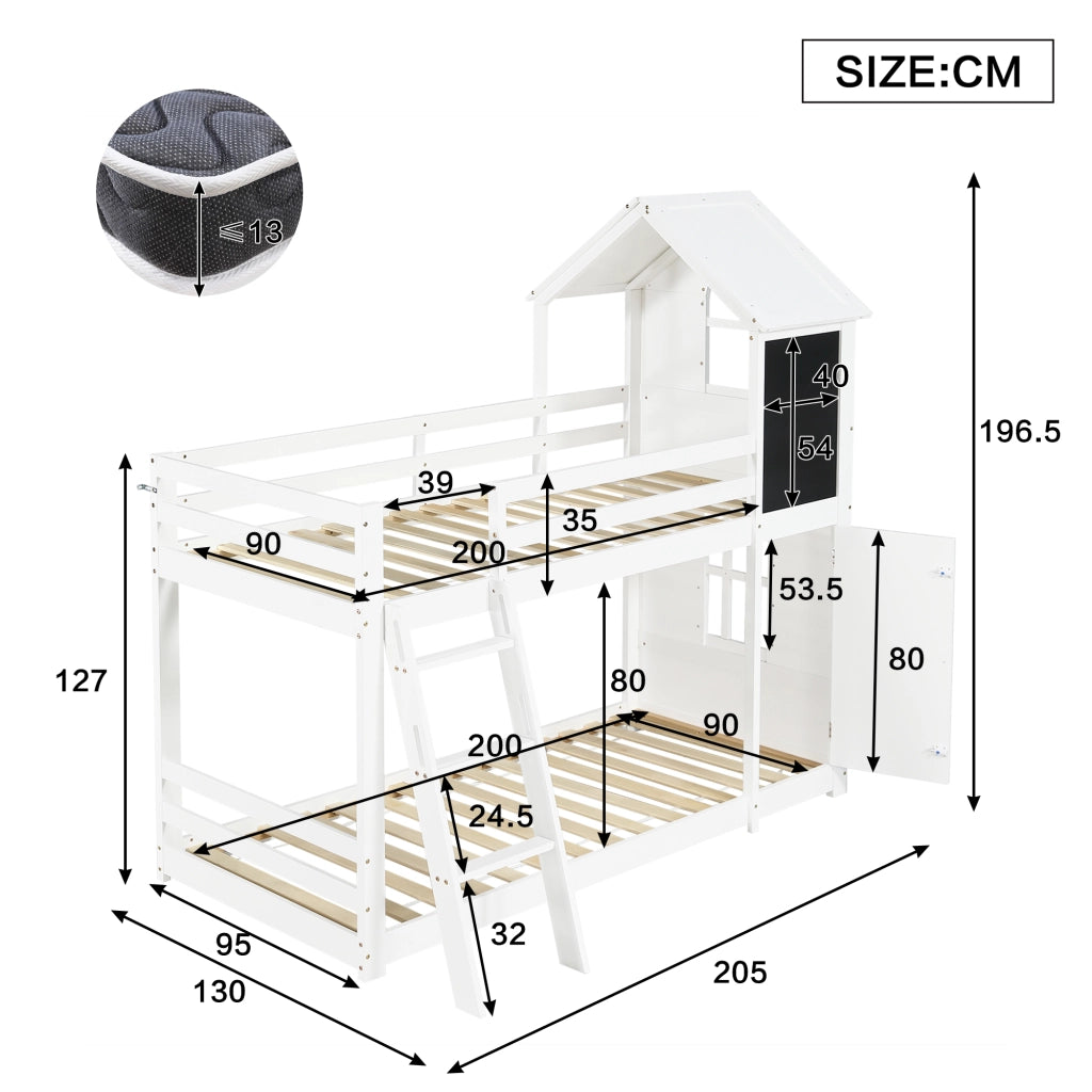 Letto a castello con porta e lavagna in legno massiccio e MDF 90x200 cm