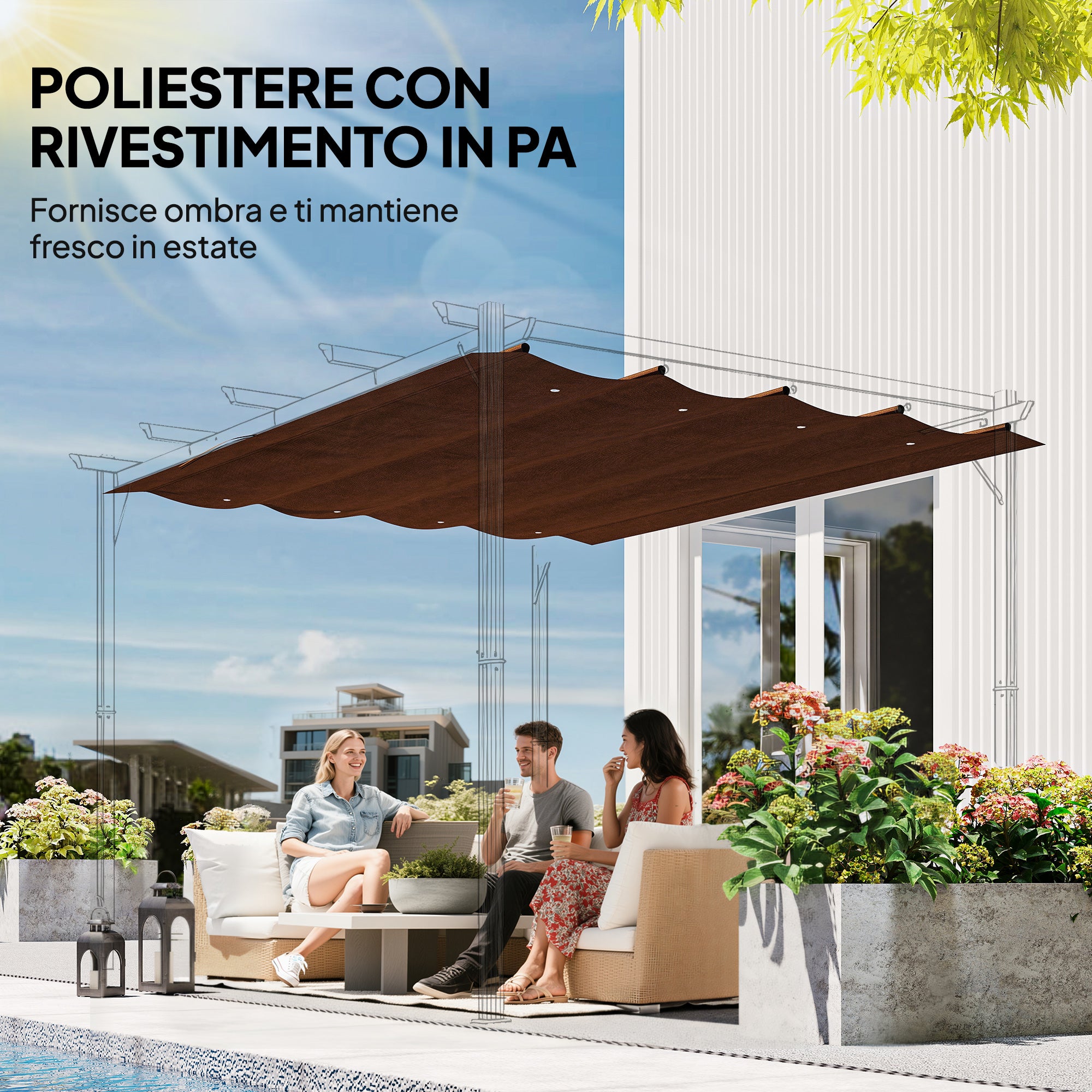 Telo Pergola per Esterni Anti UV 286x245 cm con 8 Fori di Drenaggio in Poliestere Bianco Caffè