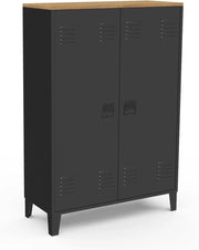 ESTER Armario de 2 puertas de metal negro con tapa de madera de diseño industrial
