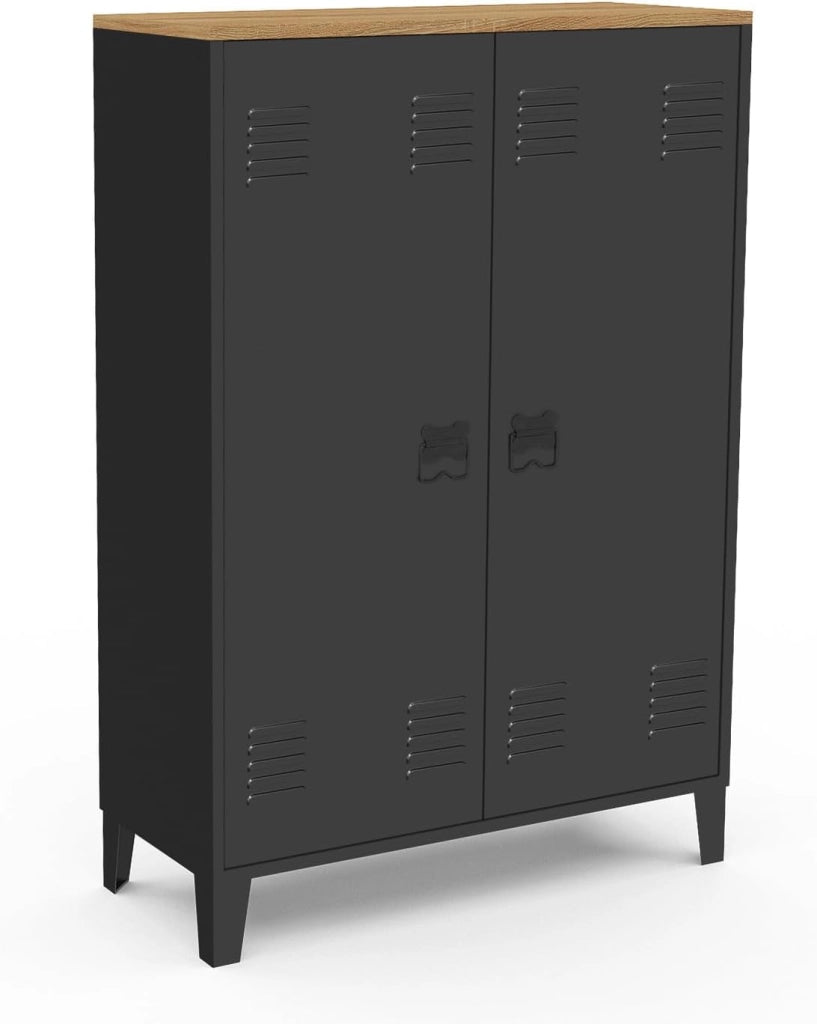 ESTER Armario de 2 puertas de metal negro con tapa de madera de diseño industrial