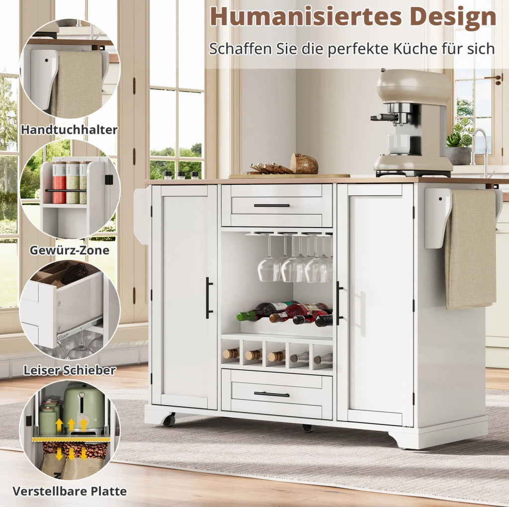 Carrello cucina con piano ribaltabile e portabottiglie, bianco