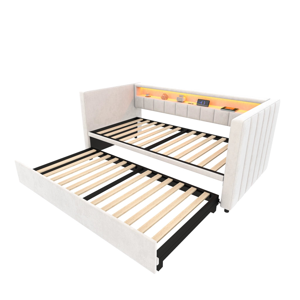 Divano letto estraibile in velluto beige 90x190 cm con LED; USB Type-C e contenitore
