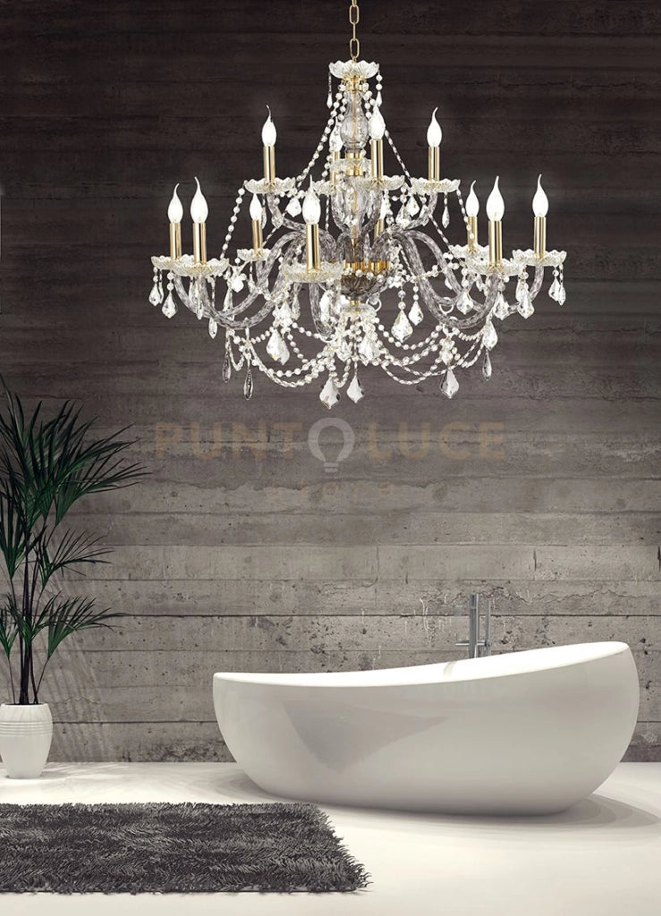 LAMPADARIO OPERA 12 LUCI TRASPARENTE E FUME' ATTACCO E14 VETRO E CRISTALLO D.100CM