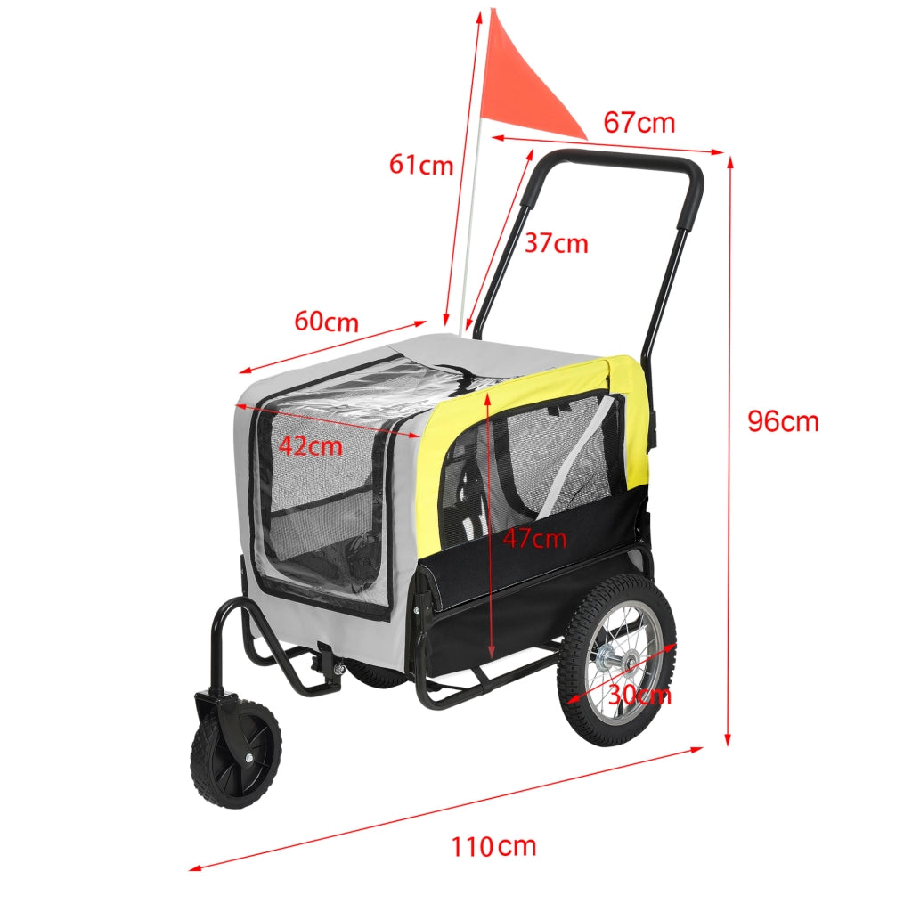 Rimorchio 2in1 per Bicicletta e Passeggiata per Cani e Animali Domestici Fino a 20 kg - Giallo-Grigio-Nero pro.tec