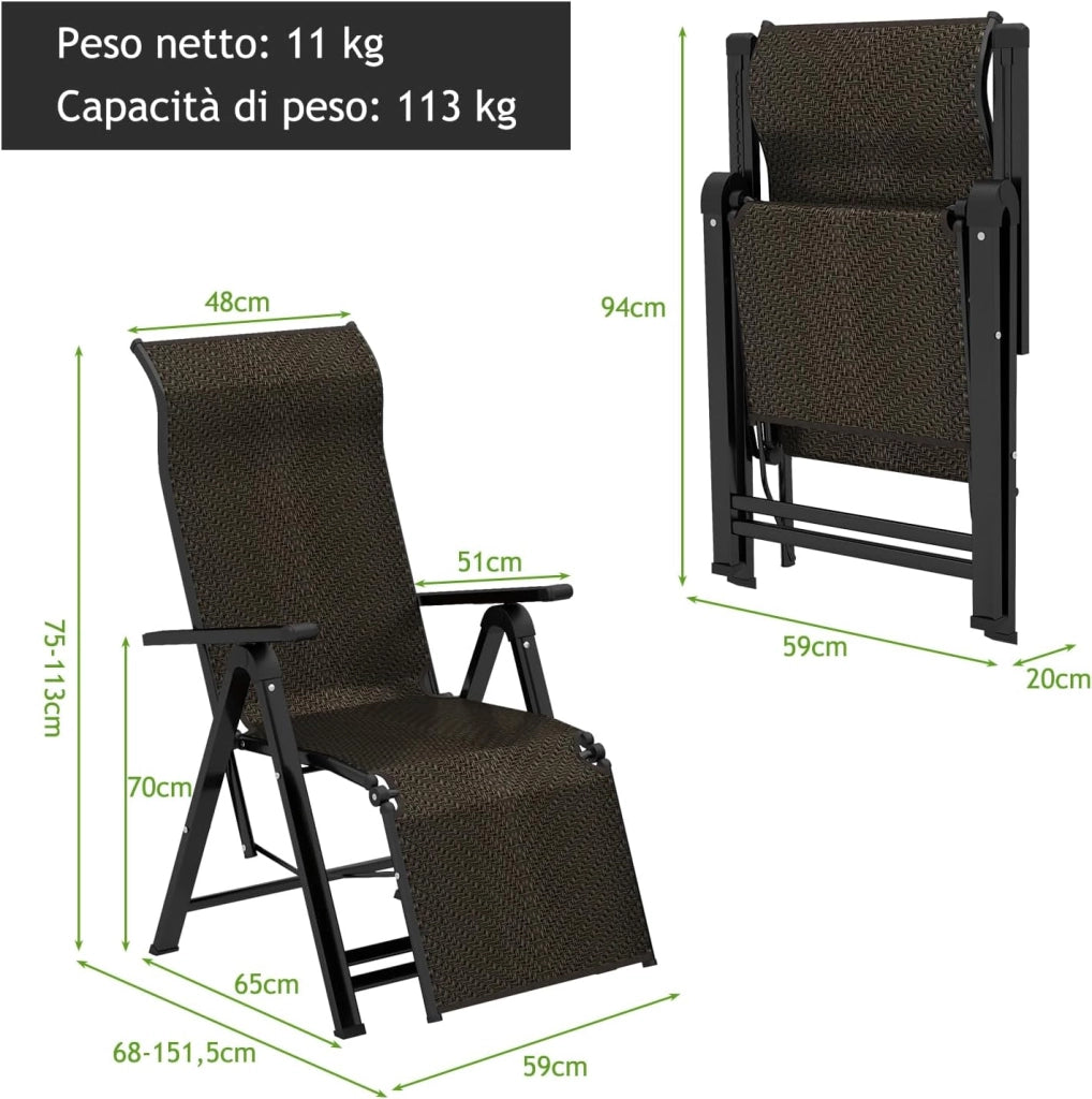 Sdraio da Giardino Pieghevoli,Sedia a Sdraio Doppia Modalità in Rattan e Acciaio, Schienale Regolabile a 10 Posizioni, Braccioli Ampi, Portata 113 kg, per Interno ed Esterno (2 Pezzi