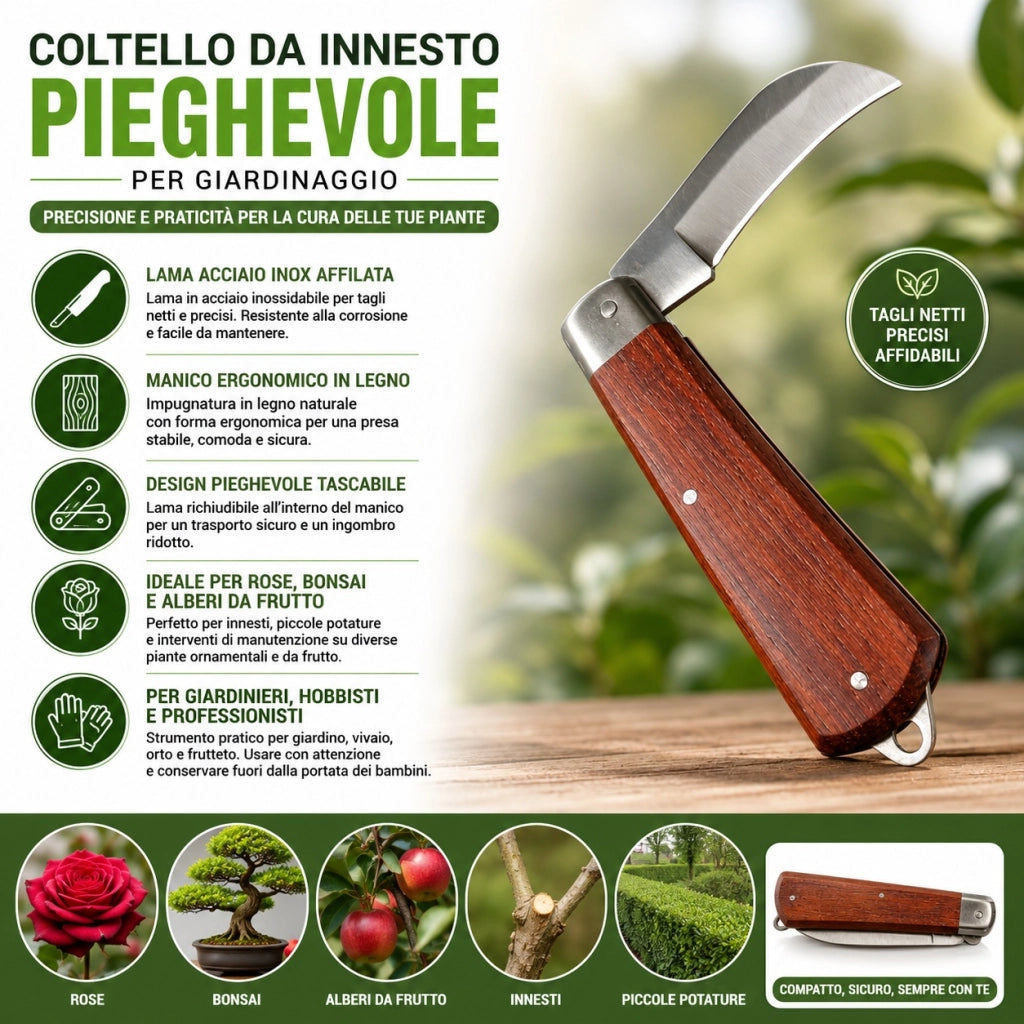 Coltello Innesto Pieghevole Lama Inox Manico Legno Giardinaggio