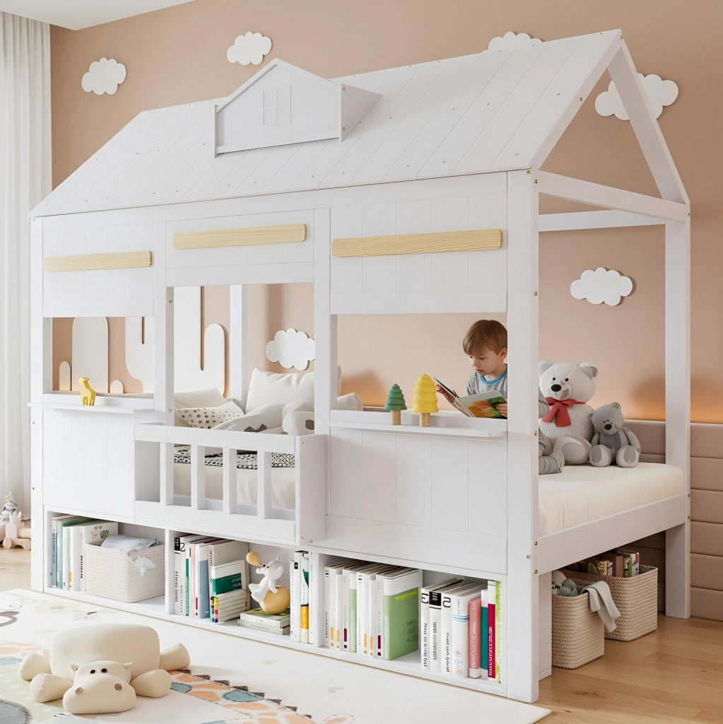 Letto a soppalco per bambini bianco 90x200 cm con libreria integrata