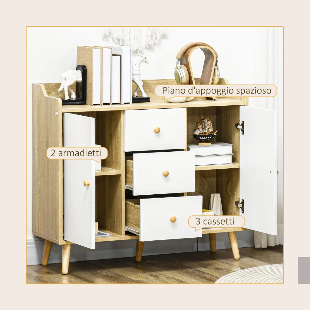 Credenza Moderna in Truciolato e Legno di Pino con 3 Cassetti e 2 Armadietti a 2 Livelli, 90x32x80A cm