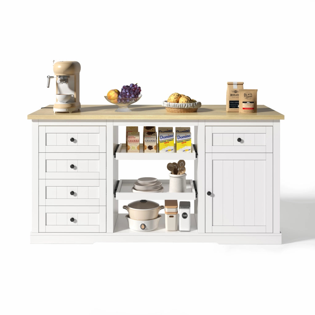 Isola cucina 150x65x75;5 cm in MDF bianco naturale con 5 cassetti e prese USB