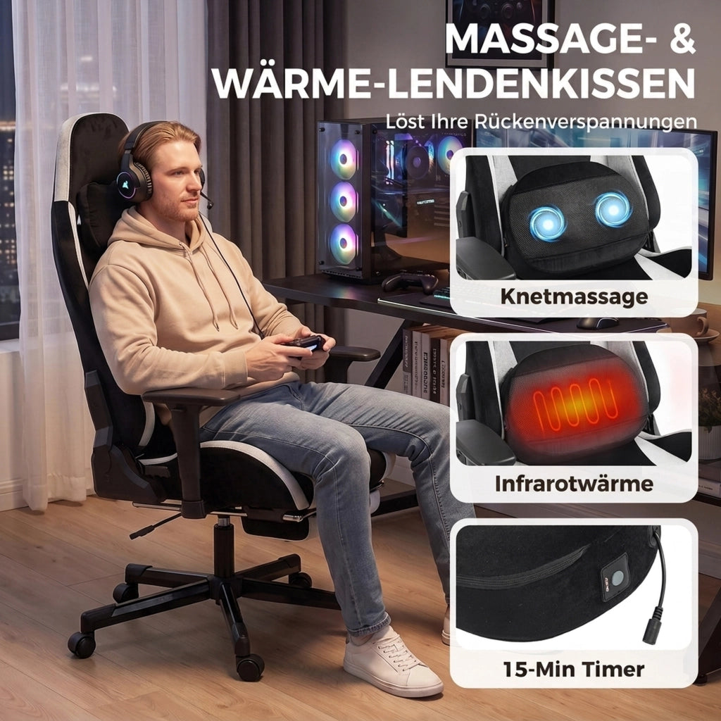 Gaming Stuhl Ergonomischer Gaming Sessel mit Knetmassage und Wärme