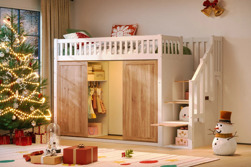 Letto a soppalco per bambini 90x200 cm con armadio e scala contenitore, bianco e rovere, senza materasso