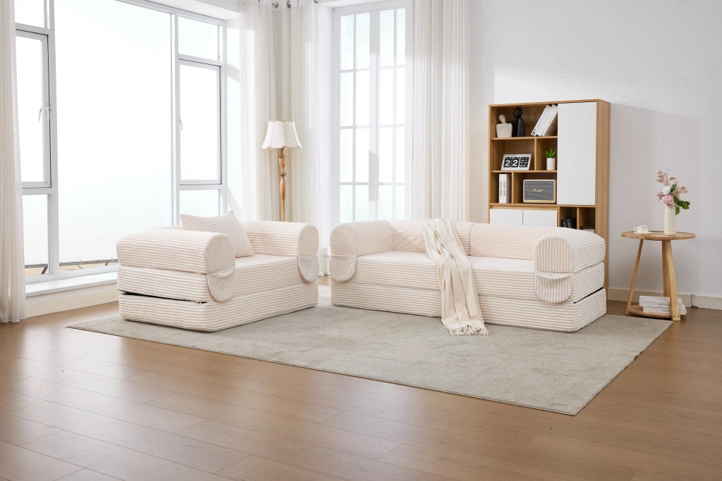 Divano Modulare 1 Posto e 2 Posti in Tessuto Corduroy Imbottito Beige