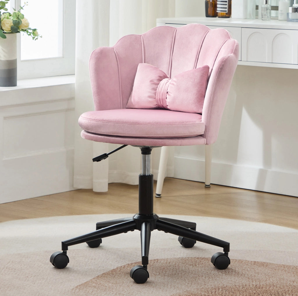 Sedia girevole regolabile in velluto rosa con schienale a petalo e cuscino lombare; 55x62x73-83 cm