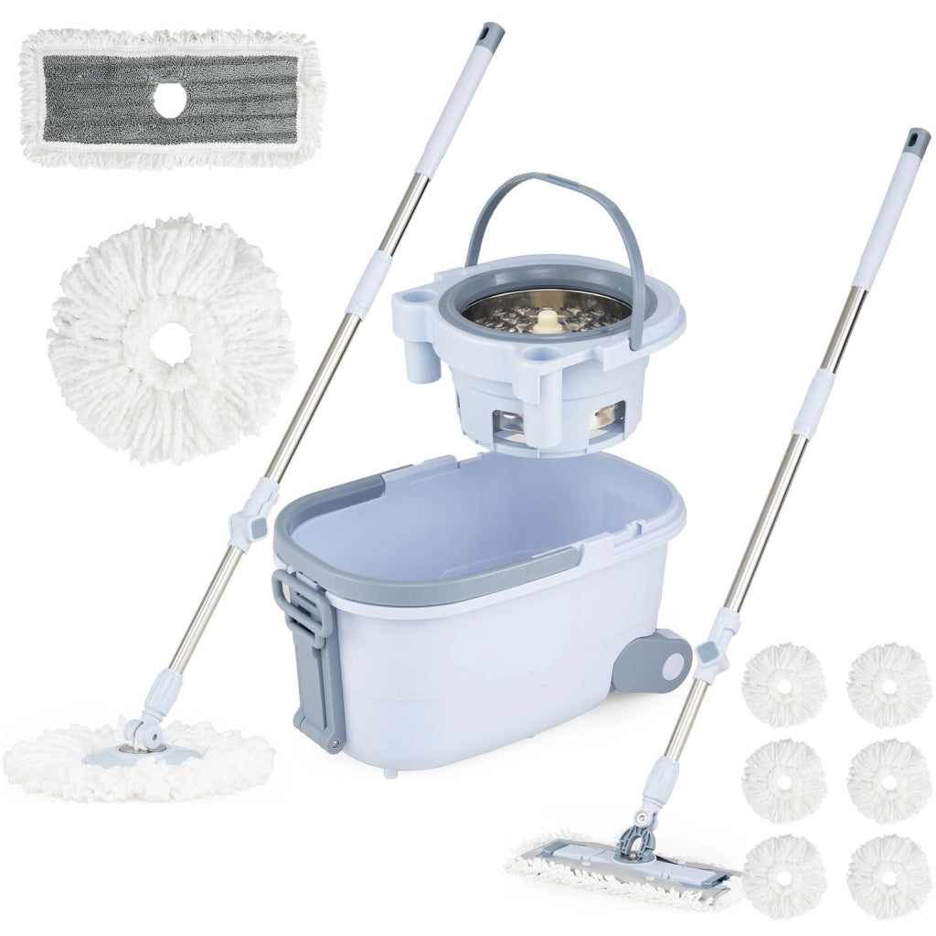 Set mocio e secchio con lavaggio senza mani e design a doppio serbatoio, Set mocio e secchio con 7 pezzi di panni rotondi Blu