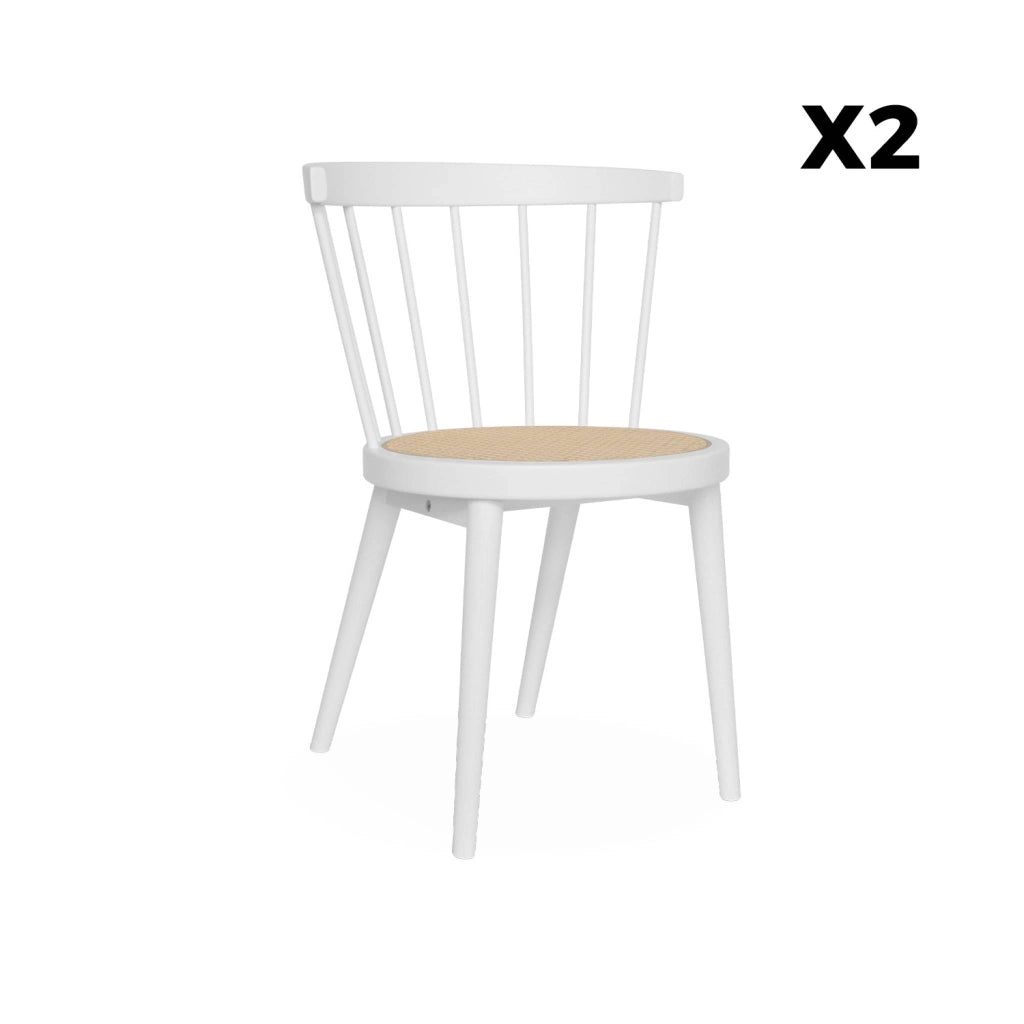 Set di 2 sedie in legno e rattan intrecciato, stile vimini, bianco
