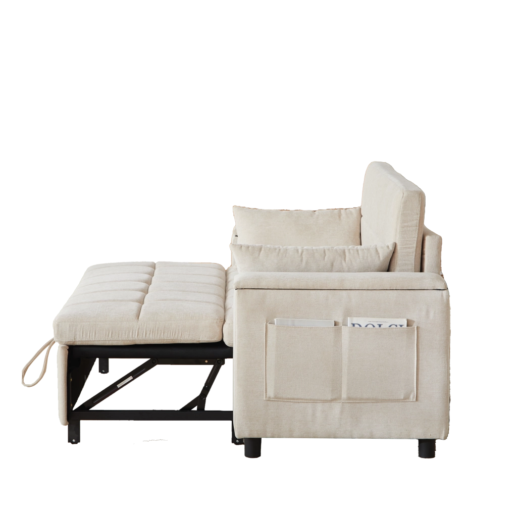 Divano letto 2 posti estraibile con contenitore nei braccioli e tasche laterali in ciniglia beige