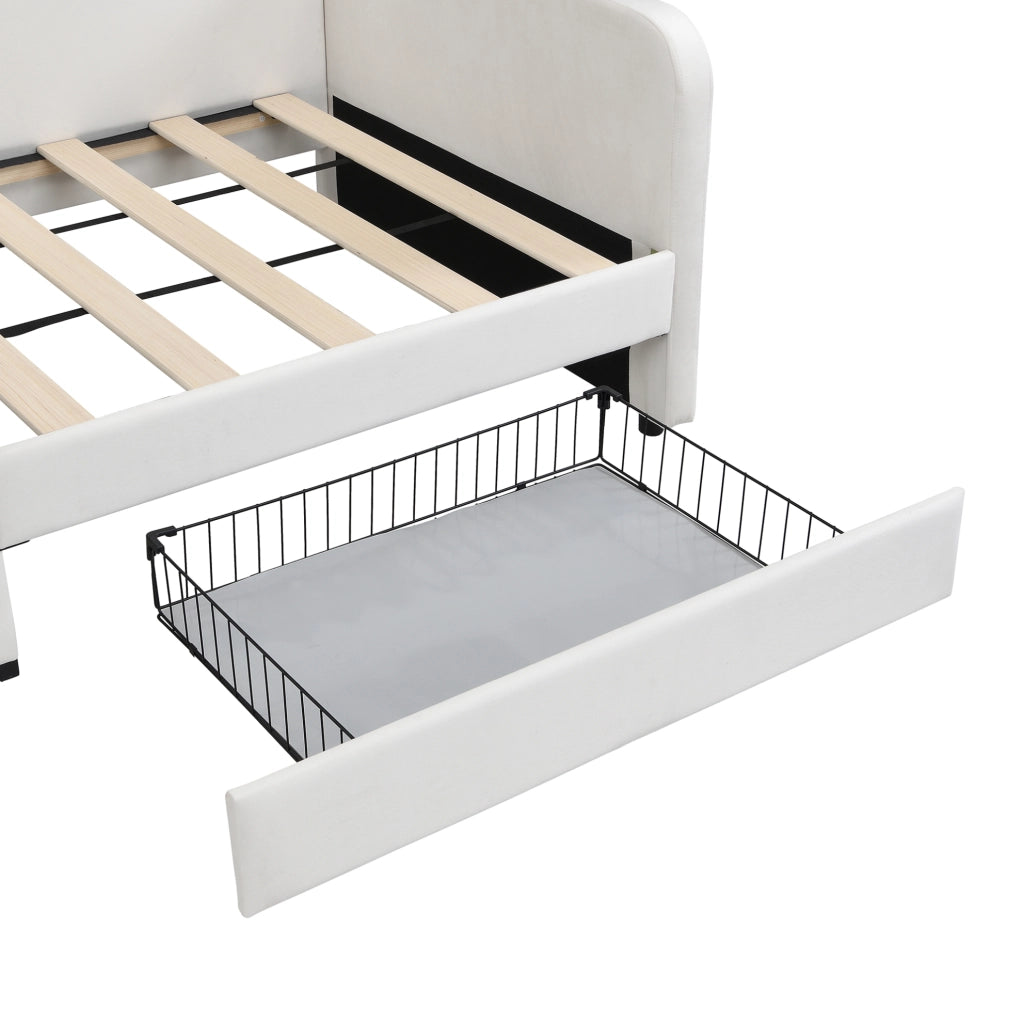 Letto imbottito 90x200 cm con contenitore e tasche in velluto bianco