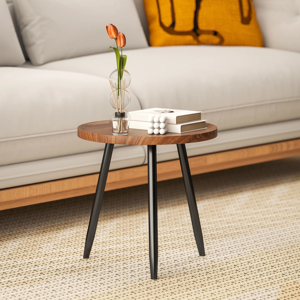 Tavolino da Salotto Ø40x39 cm con Bordo Rialzato e 3 Gambe in Legno e Acciaio Nero e color Legno