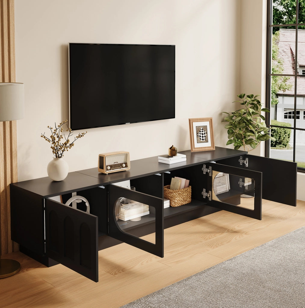 Mobile TV basso con LED APP; 200x40x42 cm; MDF e truciolare; nero