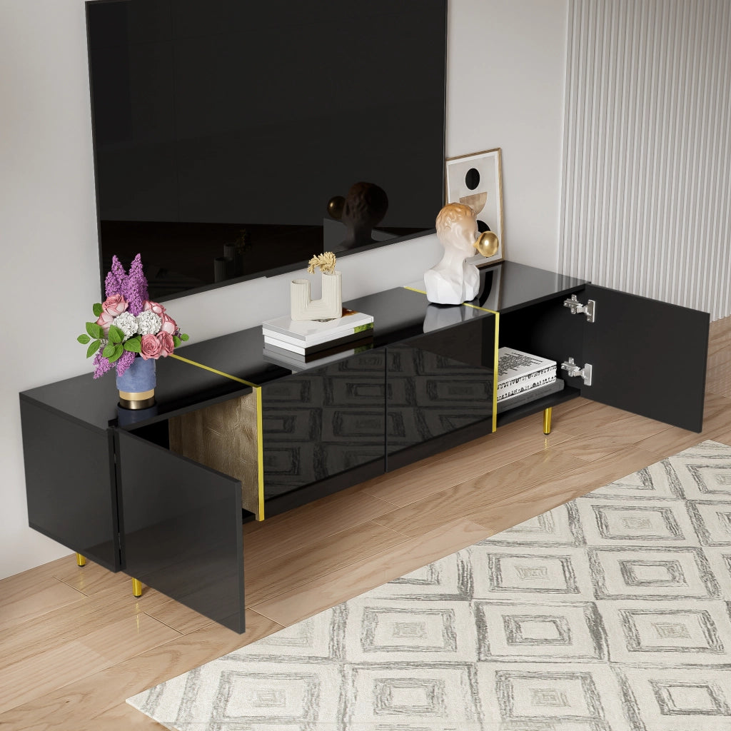 OKWISH Mobile TV con 4 Ante e Cerniere Soft Close, Finitura Lucida, per Soggiorno, MDF, Nero, 170×35×46 cm