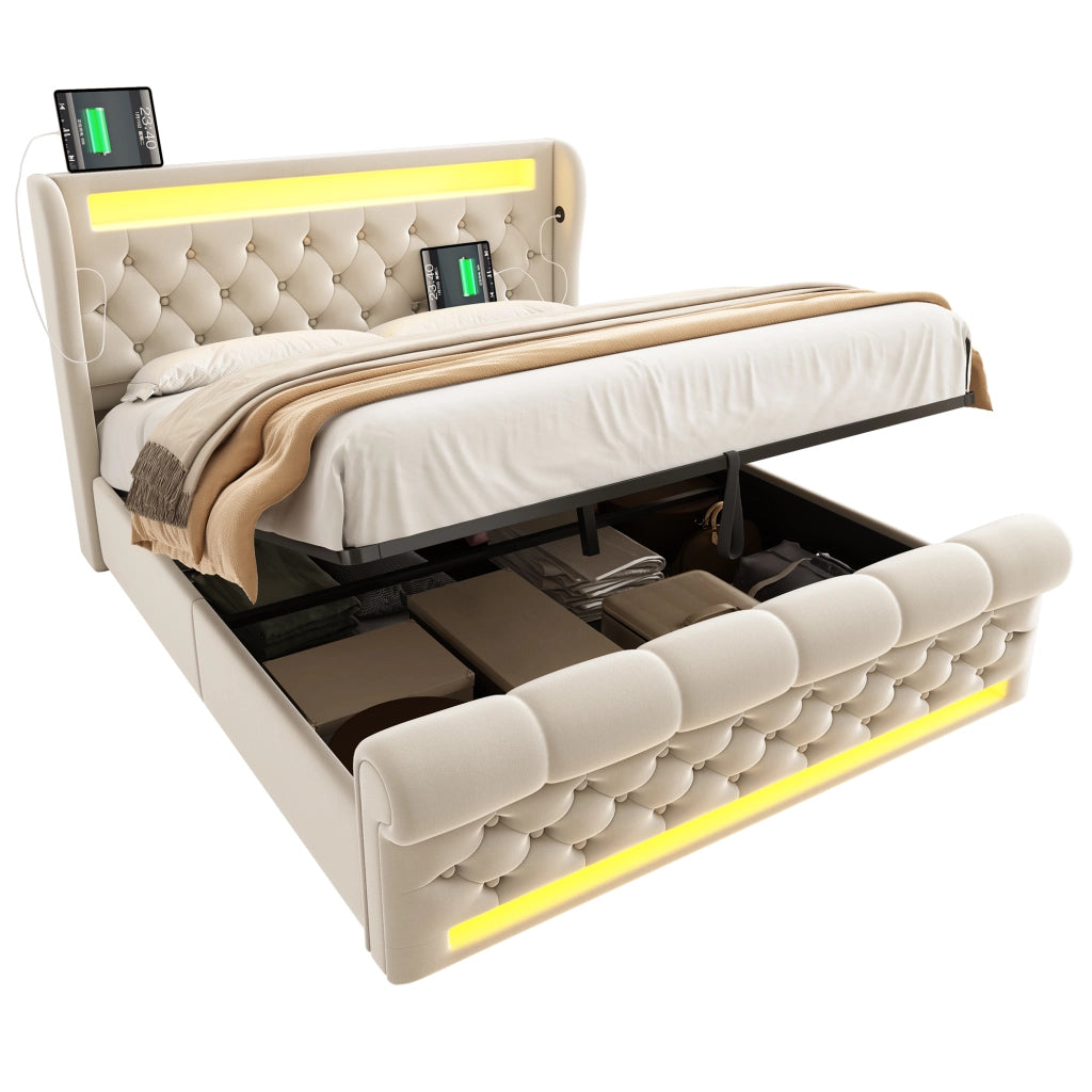 Letti contenitori 140x190 cm con LED; contenitore idraulico e USB Type C velluto beige (Senza materasso)