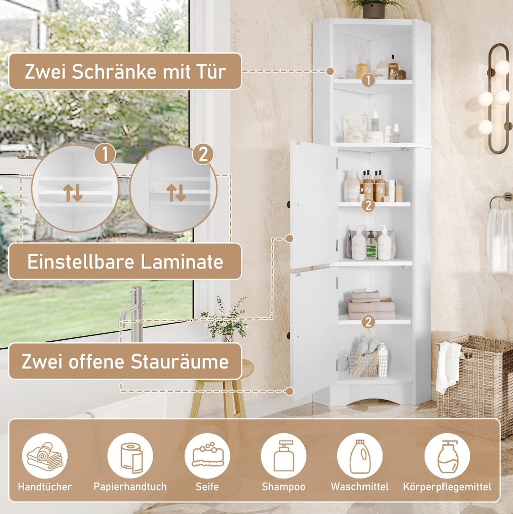 Armadio angolare da bagno triangolare in MDF bianco, 155,4 cm, 2 ante