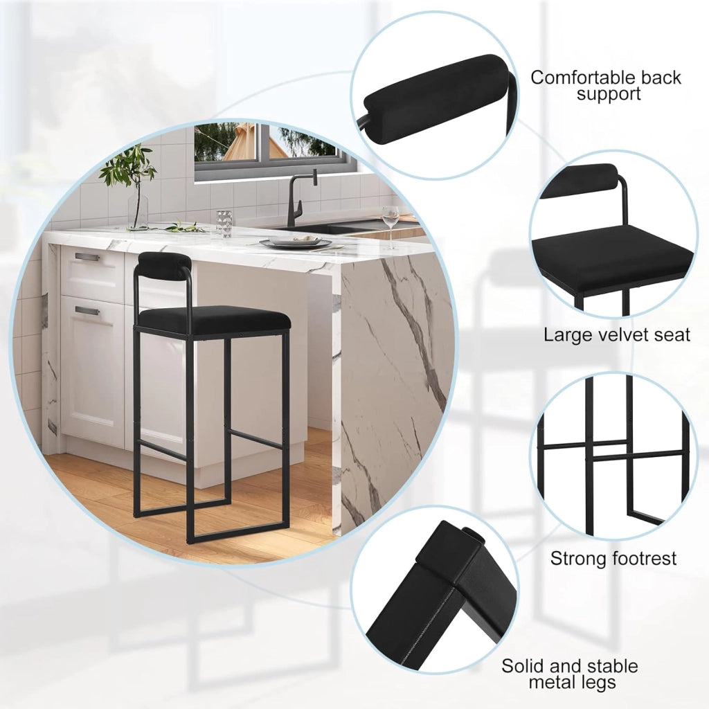 4x Sgabelli da Bar con Poggiapiedi, Sedie Alte con Schienale, Design Moderno, Sgabelli da Cucina Imbottiti in Velluto e Metallo, Nero BH343sz-4