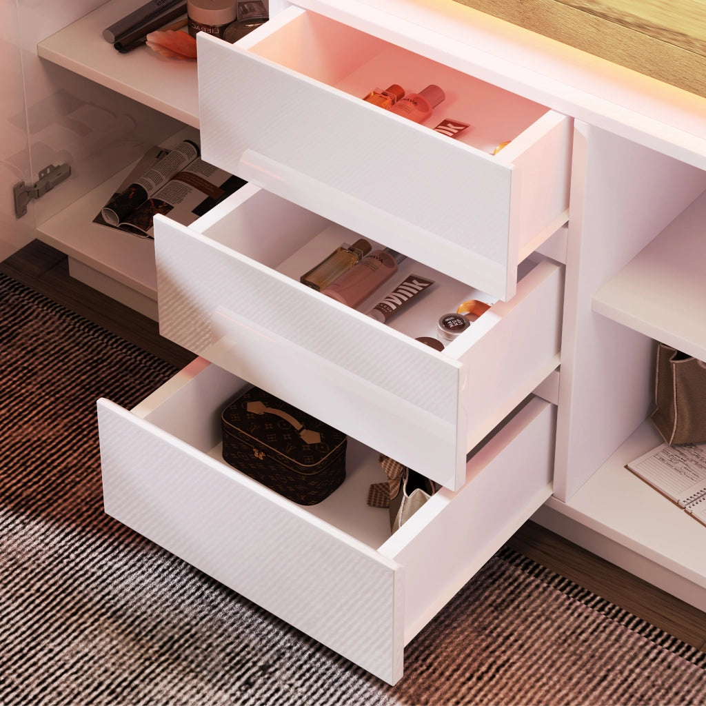 Credenza lucida con 2 ante e 3 cassetti LED controllabile da app per soggiorno e camera bianca 140 × 39 × 81 cm