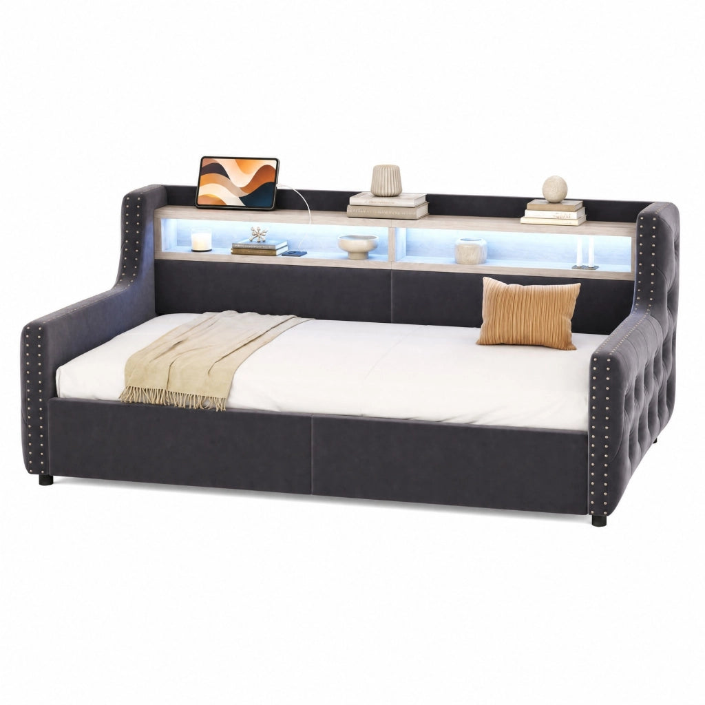 Divano letto imbottito 90 x 200 cm con contenitore; LED e presa integrata; in velluto grigio scuro