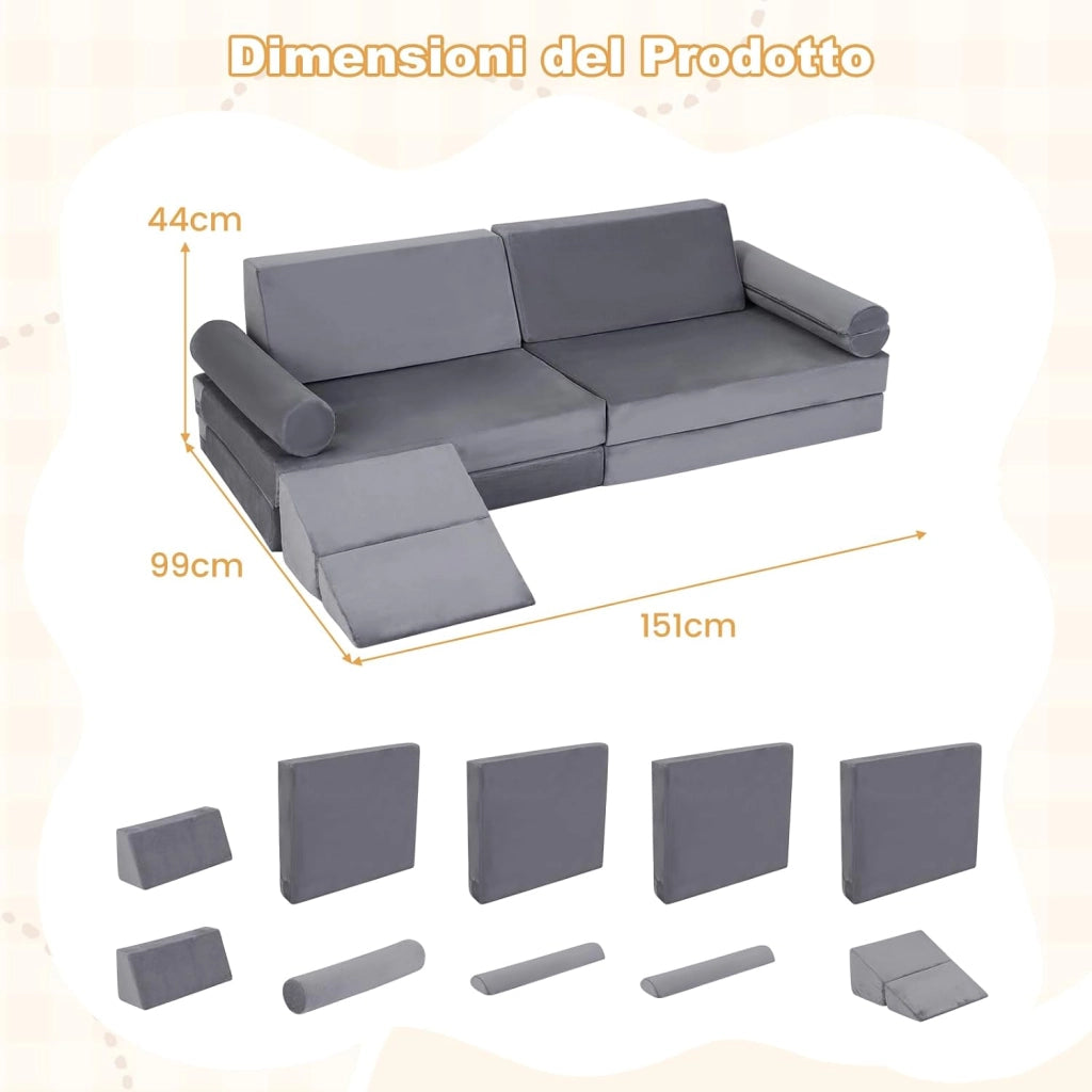 Divano Componibile per Bambini, Divanetto Modurale Sottovuoto 10 Pezzi, per Gioco e Riposo, con Imbottitura in Spugna e Rivestimento in Velluto Cristallo, Fodera Rimovibile e Lavabile (Grigio)