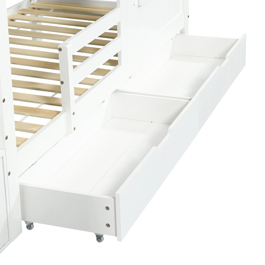 Letto a Castello 90x200 cm con Scala Contenitore; Cassetto su Ruote; Finestre e Tetto; Bianco