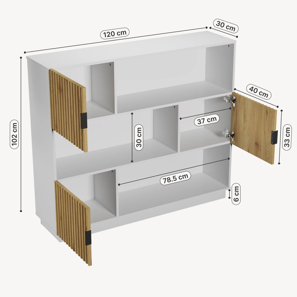 Libreria Bassa Verhundar Scaffale a 3 Livelli con Vani Aperti e Chiusi con Ante 102x120x30 cm Bianco / color Legno [en.casa]