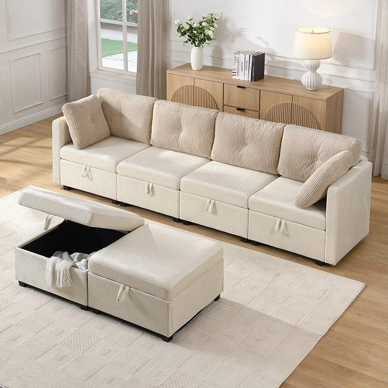 Divano modulare a U 6 posti con contenitore e cuscini, in velluto e cordino Beige