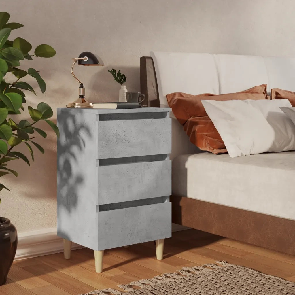 Comodino con Gambe in Legno-Tavolino da notte Massello Grigio Cemento 40x35x69 cm