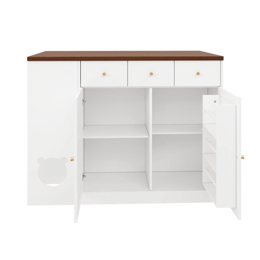 Isola cucina con piano estraibile, 3 cassetti, 2 ante e area pet friendly, bianco e noce, 120x40/70x90 cm