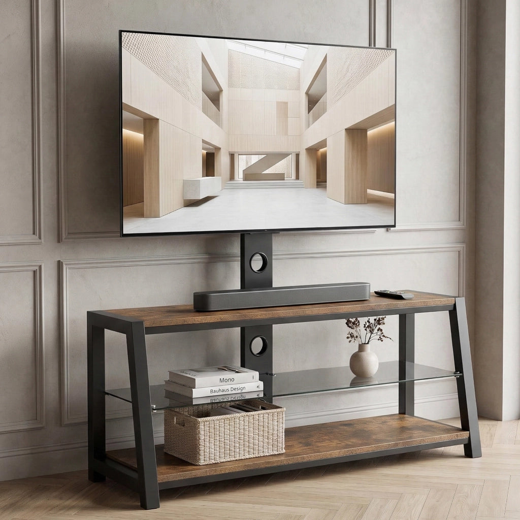 Mobile TV con 3 ripiani; supporto orientabile e passacavi - per soggiorno - in MDF e metallo - 116×42×125 cm - marrone