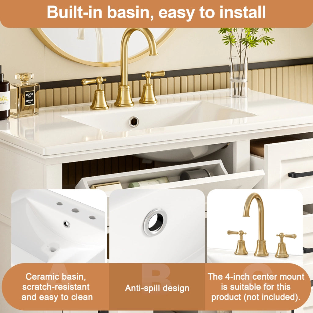 Mobile sottolavabo con lavabo in ceramica, 1 ribalta, 4 cassetti e doppia anta, per bagno, bianco, 90 × 46 × 87 cm