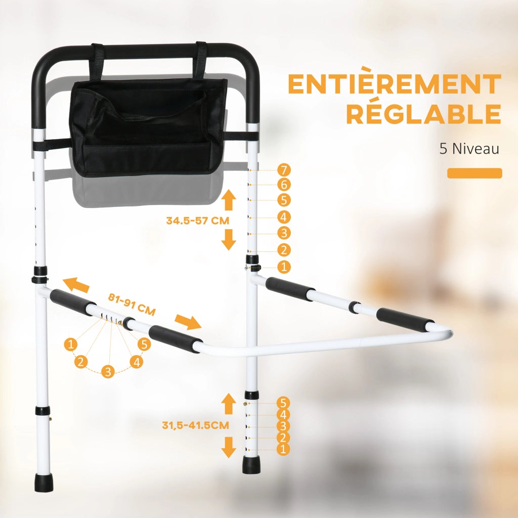 Sponda letto protezione regolabile 5 altezze con tasca portaoggetti ¨C Xylo ¨C 52x85-95x71-102cm bianco nero