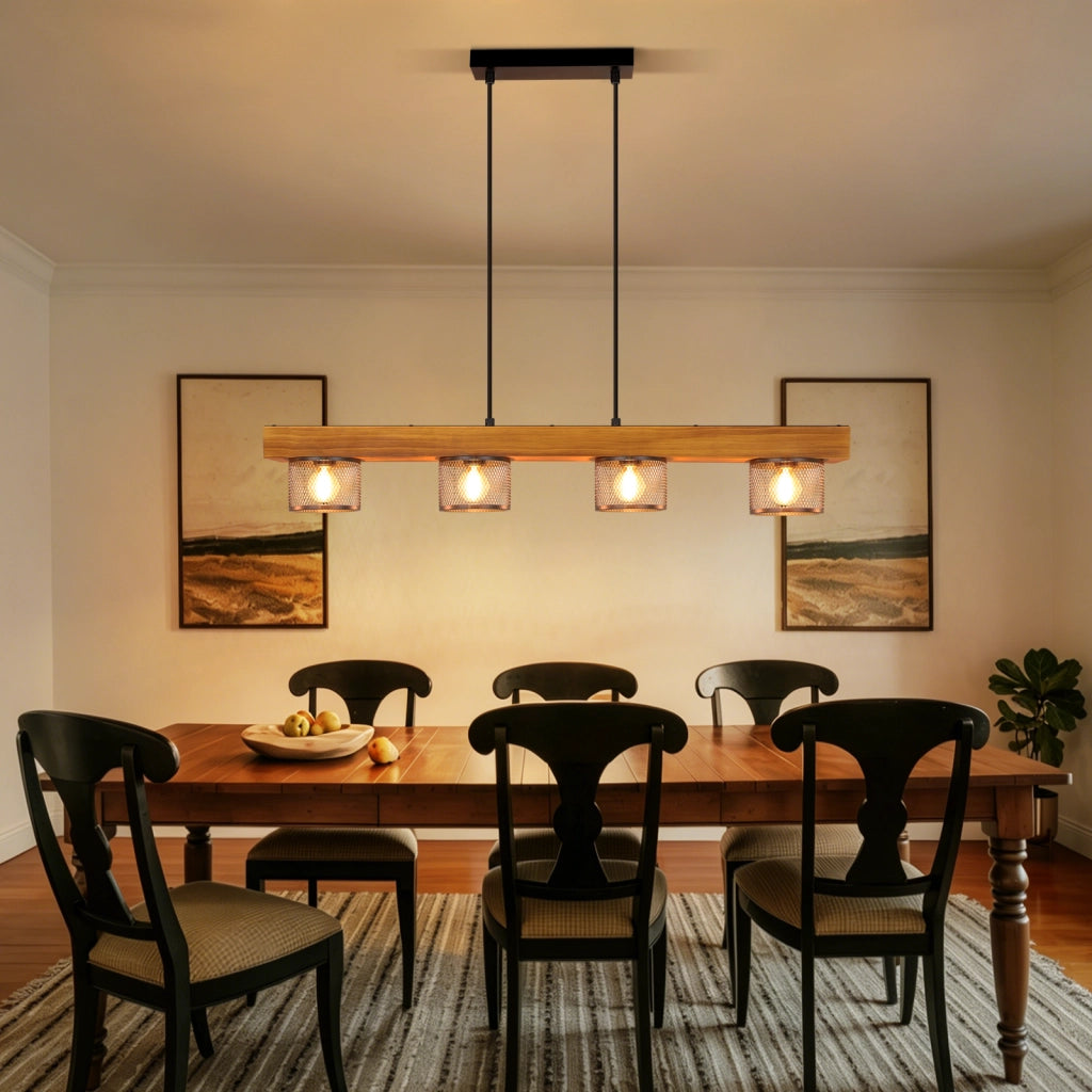ZMH Lampada a Sospensione Vintage in Legno Nero 4 Luci con Trave in Legno E14 per Sala da Pranzo Senza Lampadina