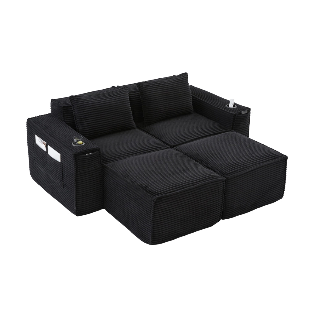 Divano modulare a 2 posti in tessuto corduroy nero con 2 pouf, portabicchieri e tasche laterali