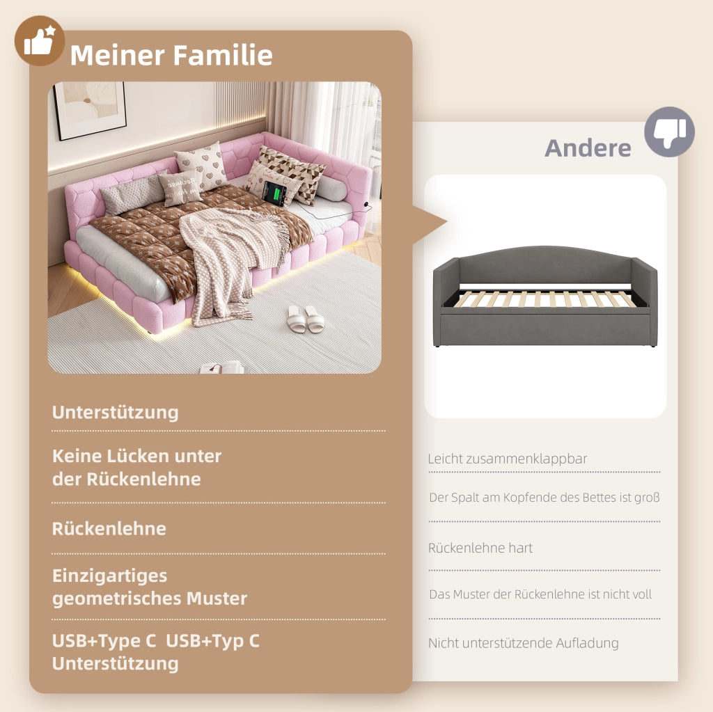 Divano letto singolo con LED regolabile; USB e Type-C; 90 x 200 cm; velluto rosa