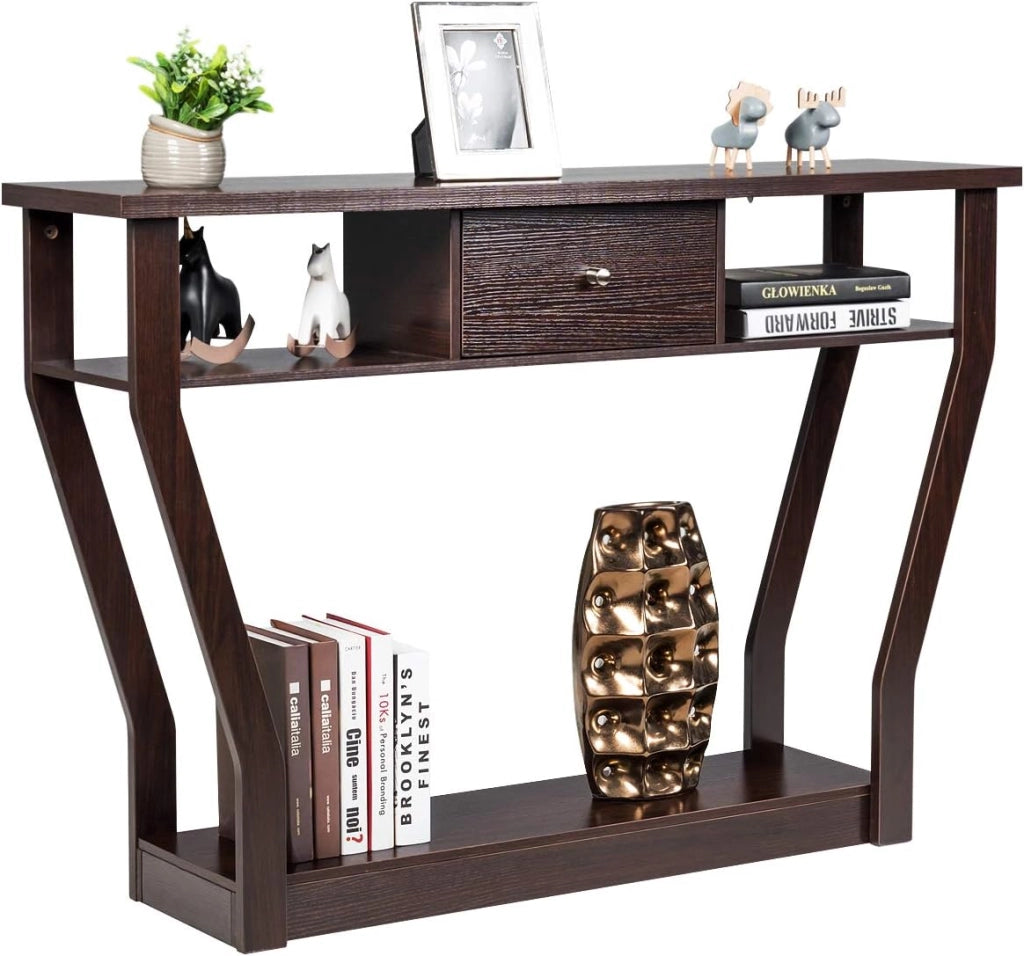 Tavolo Consolle Legno, a 3 Ripiani, Stretto e Compatto, Cassetto con Manico, Console per Soggiorno, Salotto, Ingresso, Portata di 60 kg, 120x30x81cm, 3 Colori (Marrone)