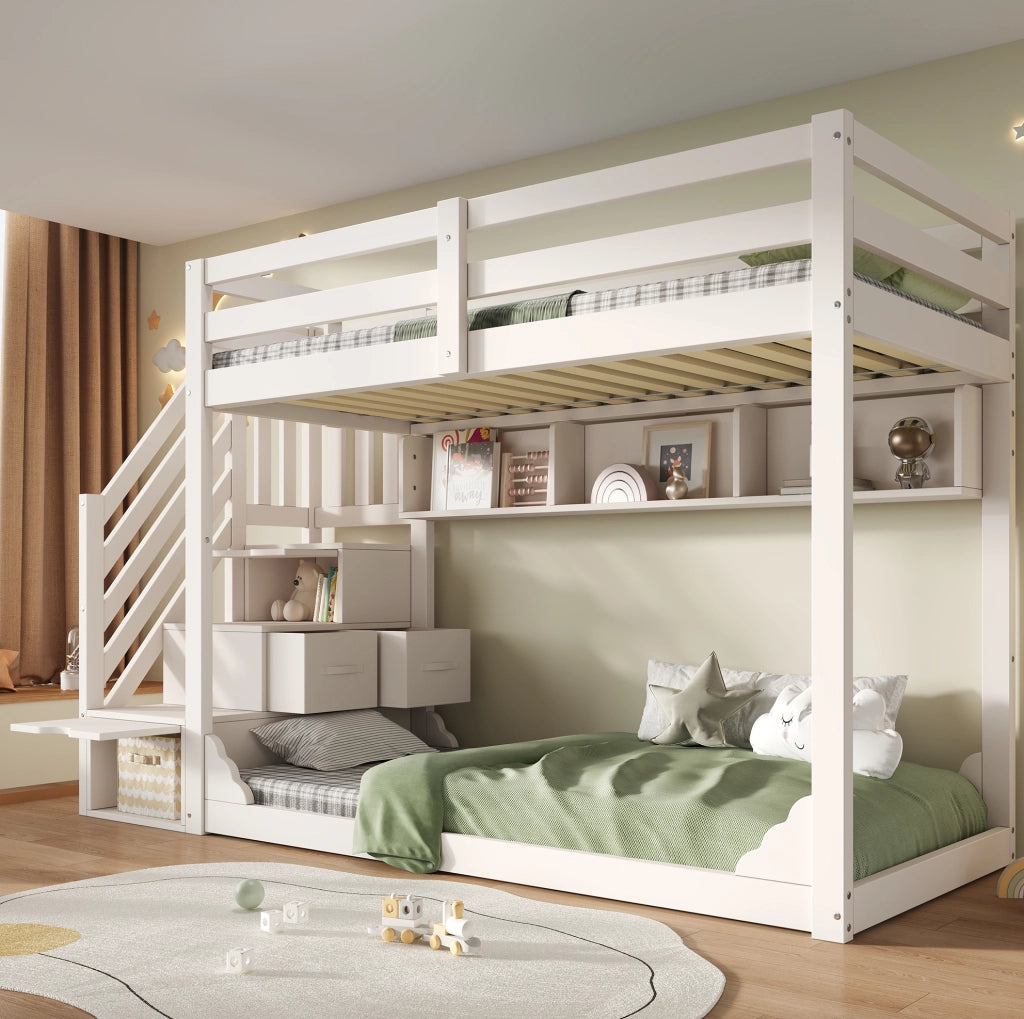 Letto a castello per bambini 90x200 cm bianco con scala contenitore e ripiani integrati
