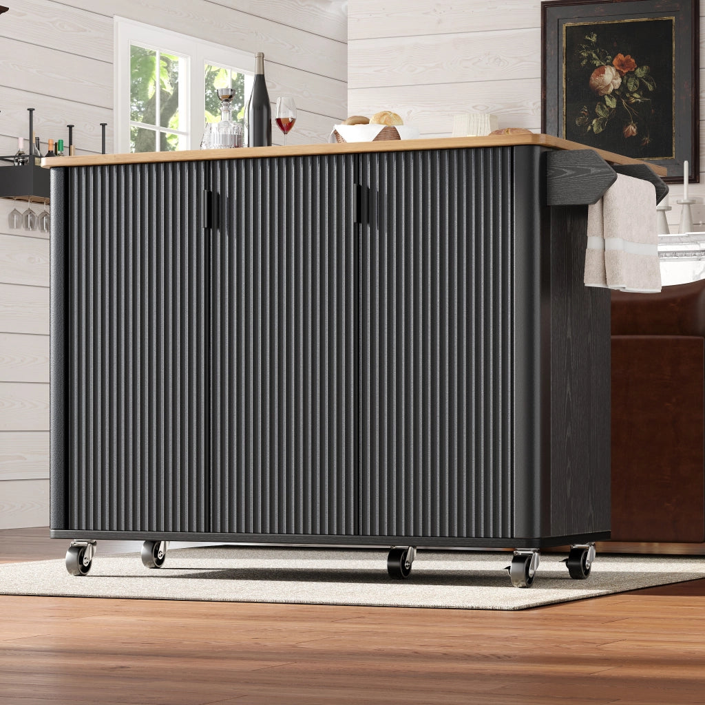 Carrello da Cucina con 3 Ante; Piano Pieghevole; Portaasciugamani e Ripiani Regolabili; in MDF; 130 x 45 (75) x 92 cm; Nero